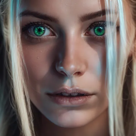 An extremely closeup of a 30 years old girl's face. Her piercing green eyes gaze directly into the camera, drawing the viewer in...