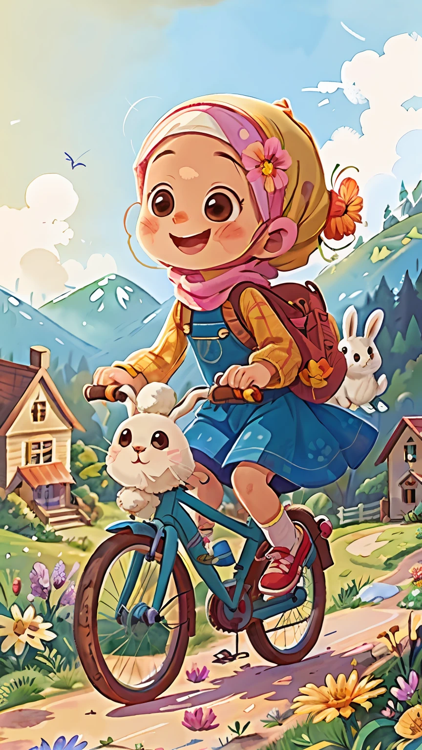 Cartoon girl riding a bicycle with a dog and a house in the background -  SeaArt AI