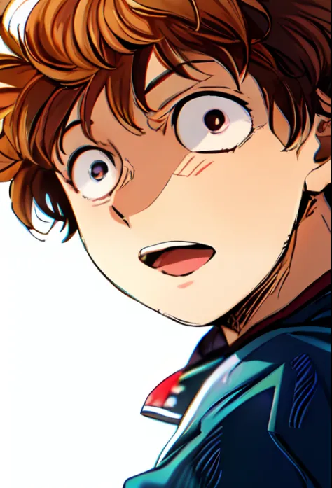 a anime of a boy manga, shocked, brown hair color, jacket, open mouth, color manga, manga color, color manga, color manga panel,...