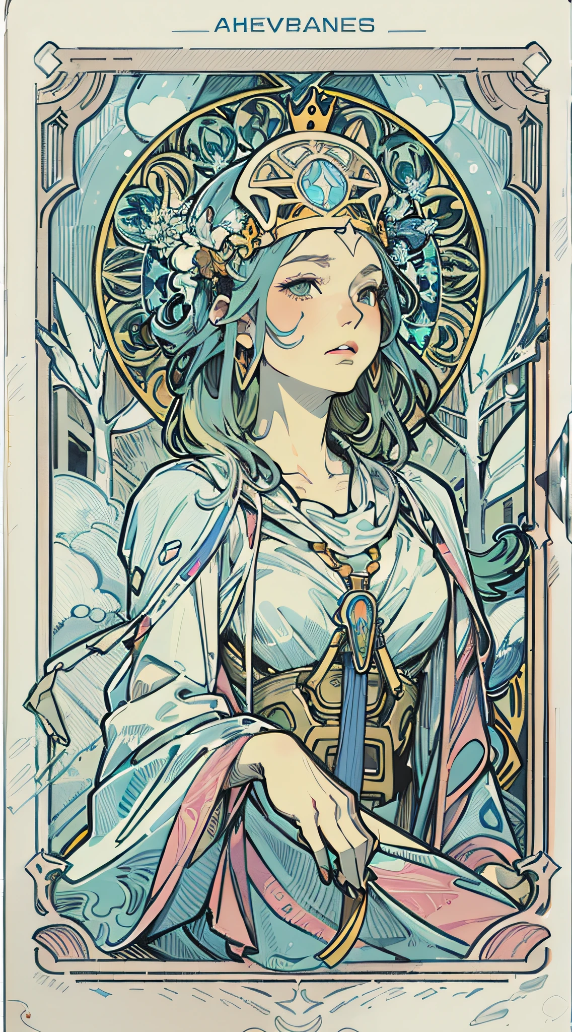 "Masterpiece, top-quality, Tarot card-inspired, Tarot card aesthetic: Line art with bold outlines, Subject: The High Priestess., a close up of a woman with a crown on her head, cyberpunk art nouveau, priestess, high priestess, mucha. art nouveau. gloomhaven, art nouveau! cyberpunk! style, alphonse mucha style, alphonse mucha and rossdraws, mucha style 4k, the high priestess, goddess of winter, art nouveau cyberpunk! style
