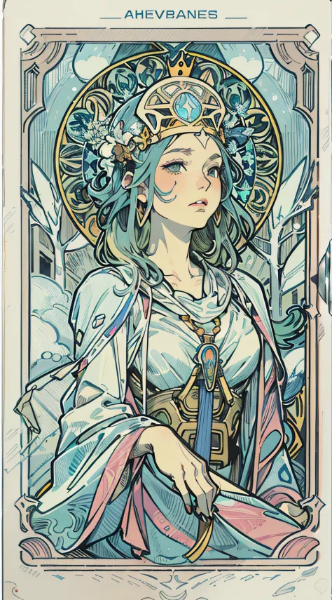 "Masterpiece, top-quality, Tarot card-inspired, Tarot card aesthetic: Line art with bold outlines, Subject: The High Priestess., a close up of a woman with a crown on her head, cyberpunk art nouveau, priestess, high priestess, mucha. art nouveau. gloomhave...