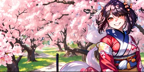 kitsune, smiling, kimono, cherry blossom trees