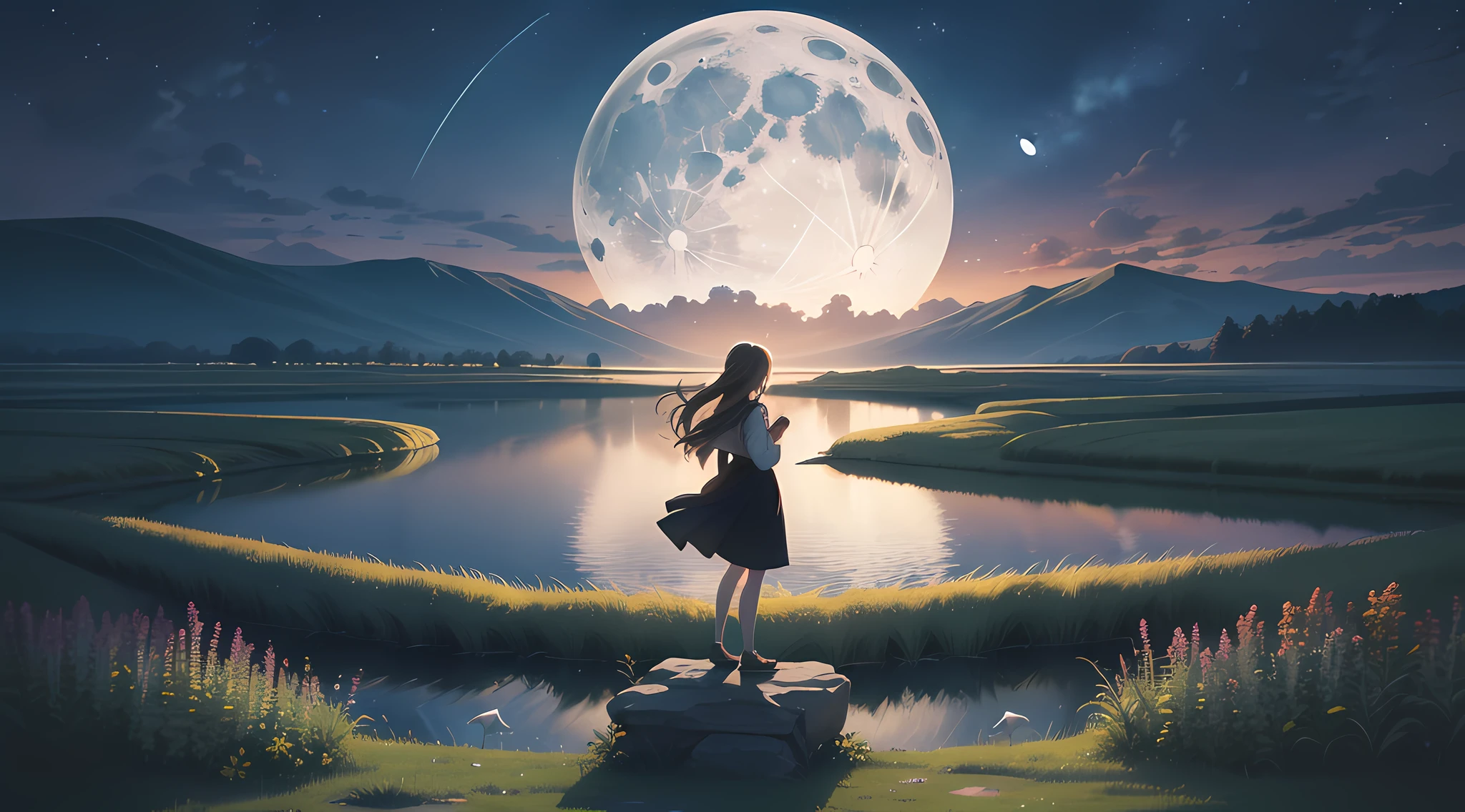 1girll,siluette, a moon, natta, Landscapes, En plein air, 独奏, Skysky, horizon, A bird, moon full, stone monument(Skysky), grassy, nigh sky, Mare, starrysky, It's standing,