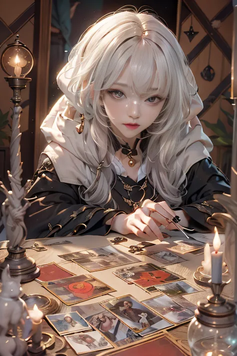 mysterious woman doing tarot reading,tarot reading,cute  face,blunt bangs, straight hair, shiny hair,medieval mystery clothes,my...