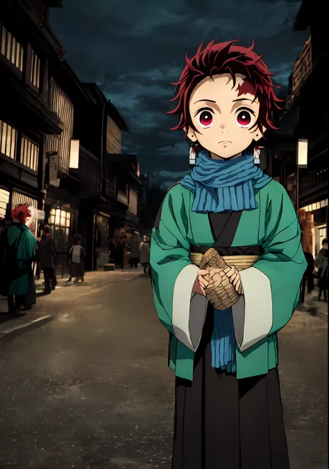 "an anime boy, kamado tanjiro, with small body, red hair, and red eyes, in a beautiful nighttime city."