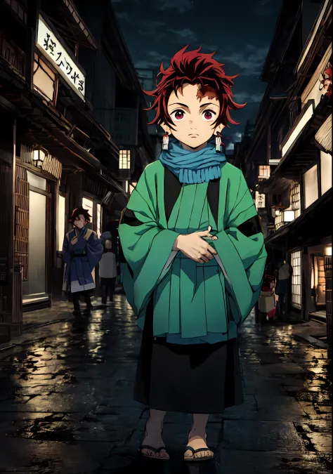 "an anime boy, kamado tanjiro, with small body, red hair, and red eyes, in a beautiful nighttime city."