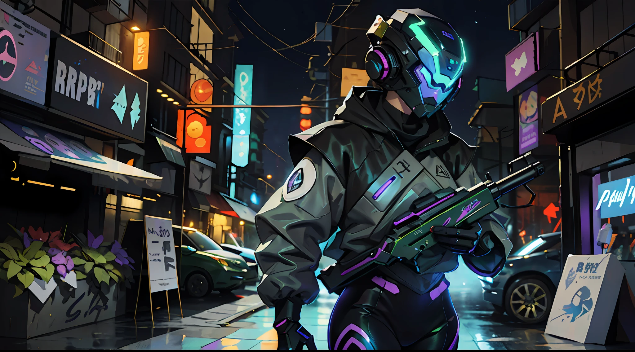 Original, master part, best quality, Uma mulher ciborgue em um triangulo verde ilumina Cyberhelmet com orelhas verdes, corpo inteiro, marked tight pants, sapato de basqyete, com jaqueta preta de hip-hop, seios grandes exerados, rifle futurista nas costas, cidade cyberpunk futurista, noite chuvosa, Na rua, bioluminic [SH4G0D:0.6], Propeller Portal, retrato, [cabelo fluorescente:0.7], galactic cybernetic mask