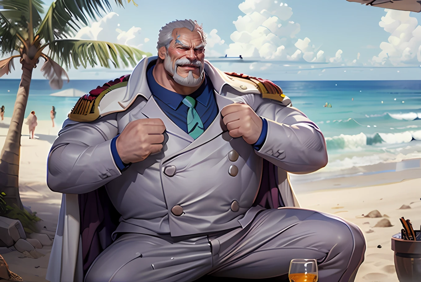 muscular old man (garp) enjoying in an beach, blue skin