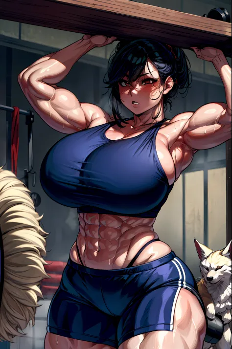 kitsune, working out, in gym, sweating, abs, thick thighs, huge breasts