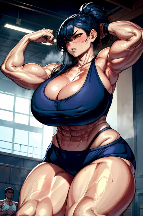 kitsune, working out, in gym, sweating, abs, thick thighs, huge breasts
