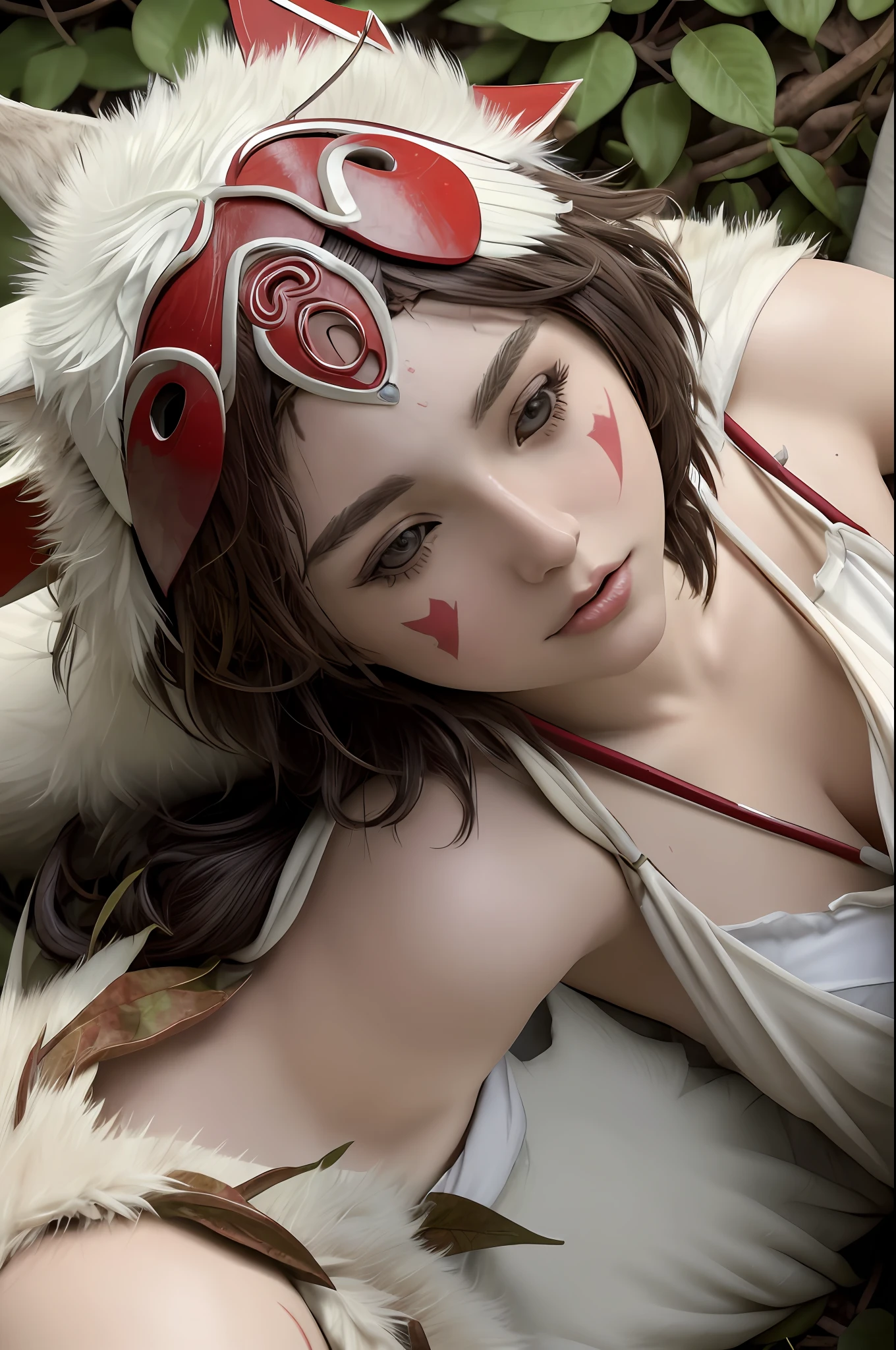 realism, masterpiece, best quality, smalldetailed, 1girl, solo, glamour close-up shot from above of beautiful (princessmononoke) lying next to a wolf surrounded by leaves, fluffy, pixie cut, extremely short hair, busty, (white wolf), serious, details, realistic, photography, blurry background, softfocus, face focus