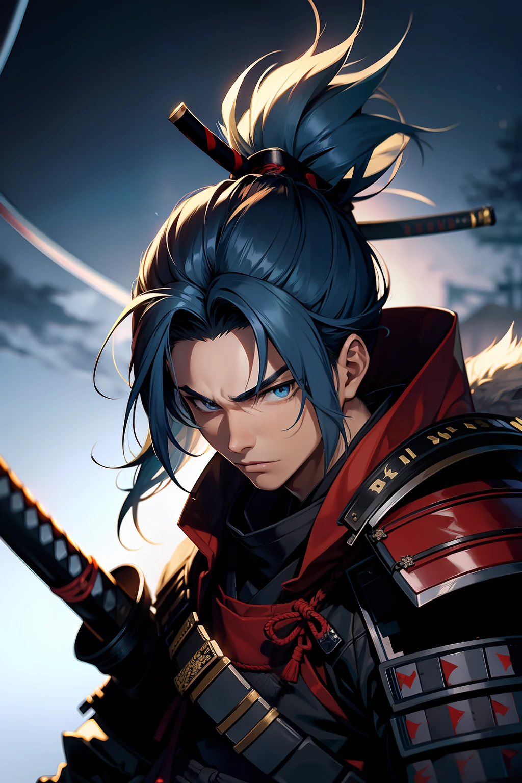 Jovem samurai, homem jovem, corte de cabelo rabo de cavalo, cabelo azul, armadura de samurai, Katana na mão, Japão feudal