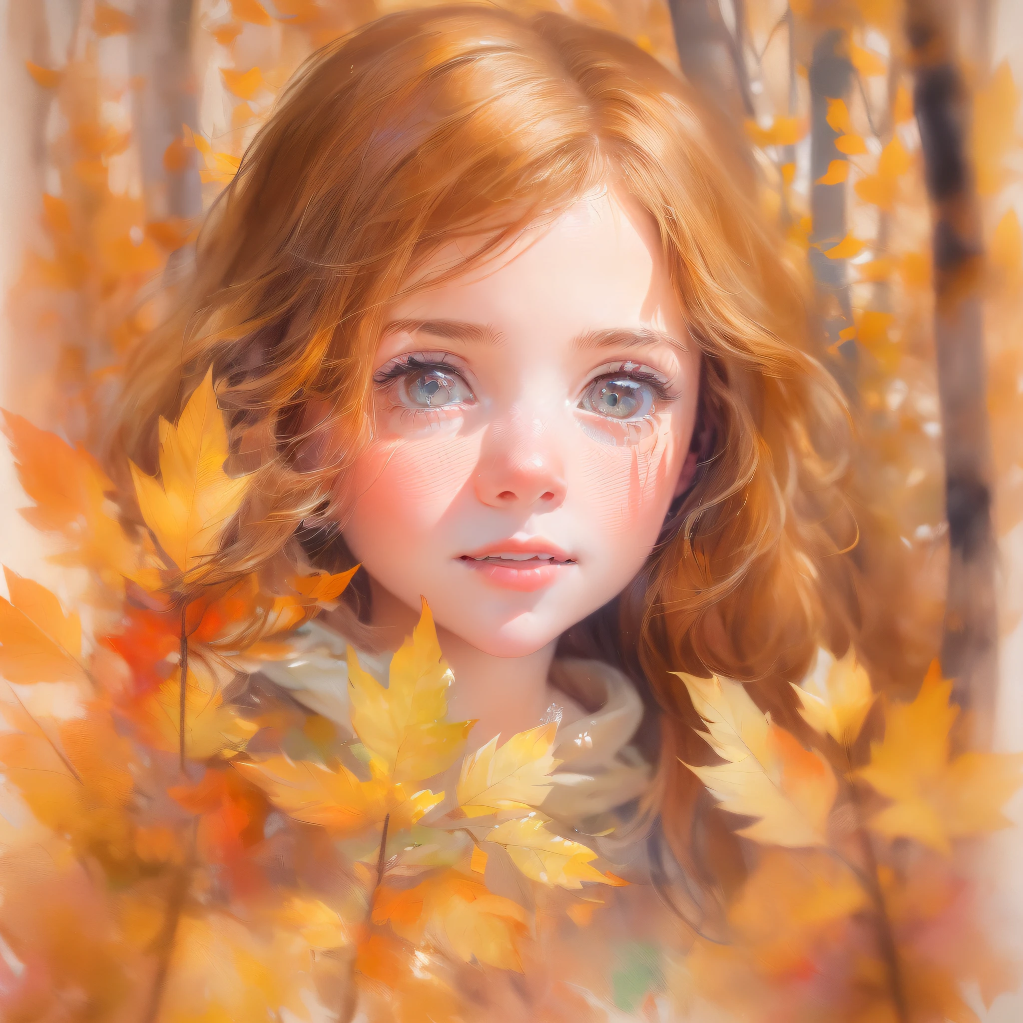 カメラがズームインすると, 若いヨーロッパの少女の顔の繊細な特徴が見えるようになる, 秋のさわやかな空気に赤くなった彼女のバラ色の頬を捉える, 優しく波打つ赤褐色の髪, 鮮やかな葉と遊び心のある森の生き物でいっぱいの太陽の光に照らされた森を探索するとき、彼女のヘーゼル色の目には好奇心の兆しが見える。, アートワーク, テクスチャ紙に描いた水彩画,