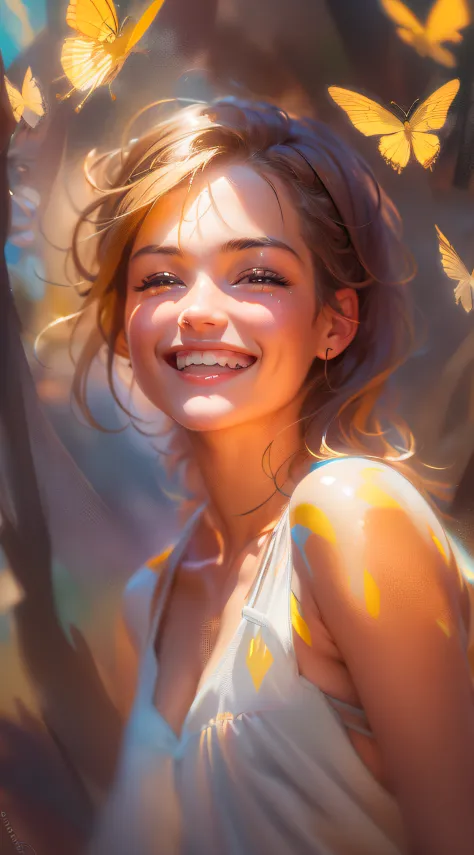 As the camera zooms in on the young European girl's face, her radiant joy is evident, with sunlight filtering through the treetops and casting warm dappled patterns on her skin, a small butterfly perched gently on her shoulder, and the distant echoes of la...