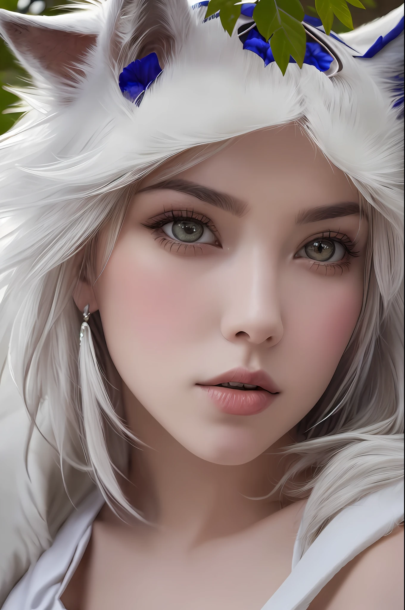 (NSFW),(realism, masterpiece, best quality, smalldetailed), 1girl, solo, glamour close-up shot from above of beautiful (princessmononoke) lying (next to a wolf) surrounded by leaves, fluffy, pixie cut, extremely short hair, busty, erect boobs, (white wolf), serious, details, (realistic, photography), blurry background, softfocus, face focus, dramatic light, atmosphere shoot,     detailed face, detailed pupils, detailed iris of eyes, detailed plump lips,  cute face,  closeup portrait,  bestseller,