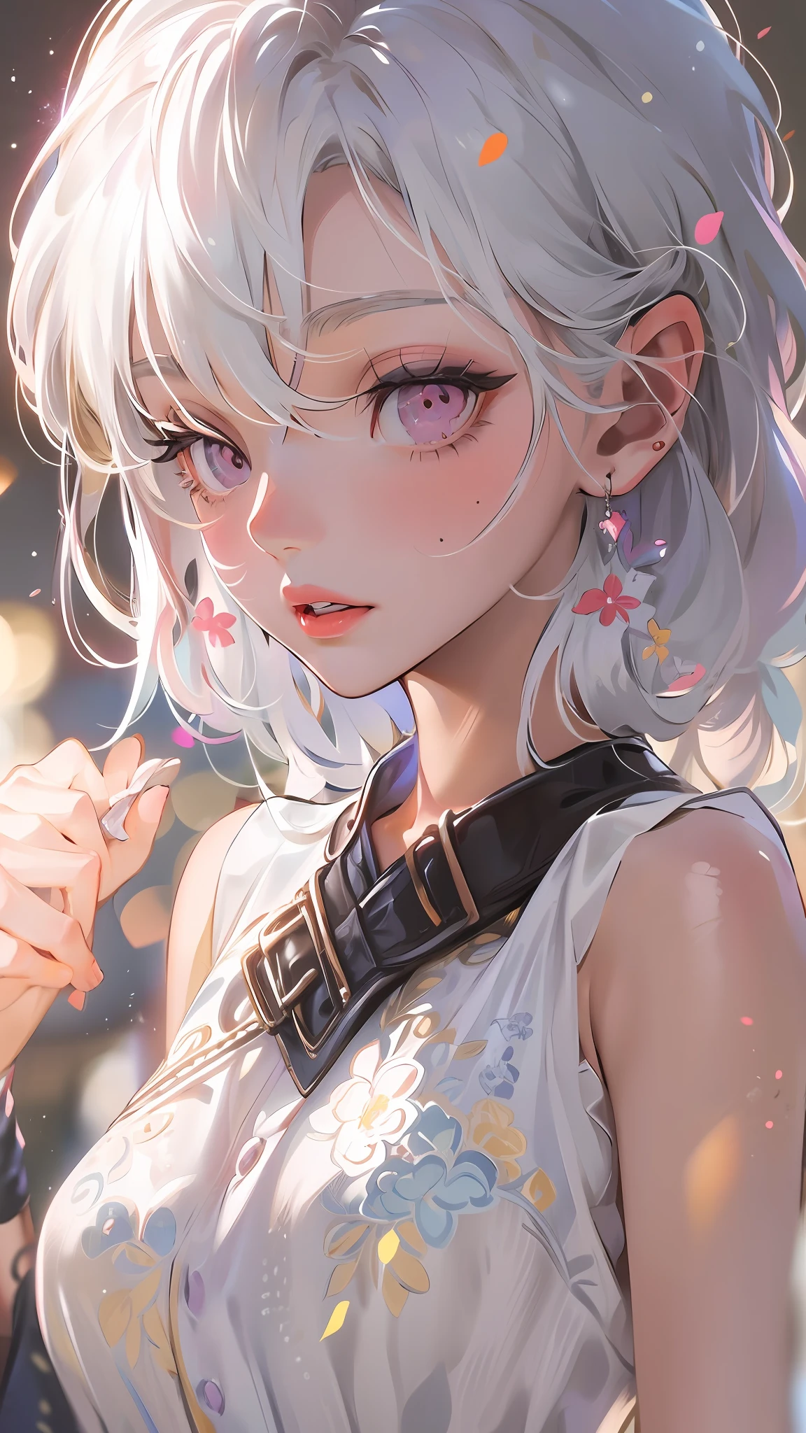 Realistic, 1girl, white hair, purple eyes, glowing eyes, cropped top, skirt, parted lips, blush, night, flowers, sun, sunlight, white skirt, short skirt, medium length hair, real, warm colors, white short Dress, white clothes, light background color, day environment, bright color background, saudi, ocean, cute,