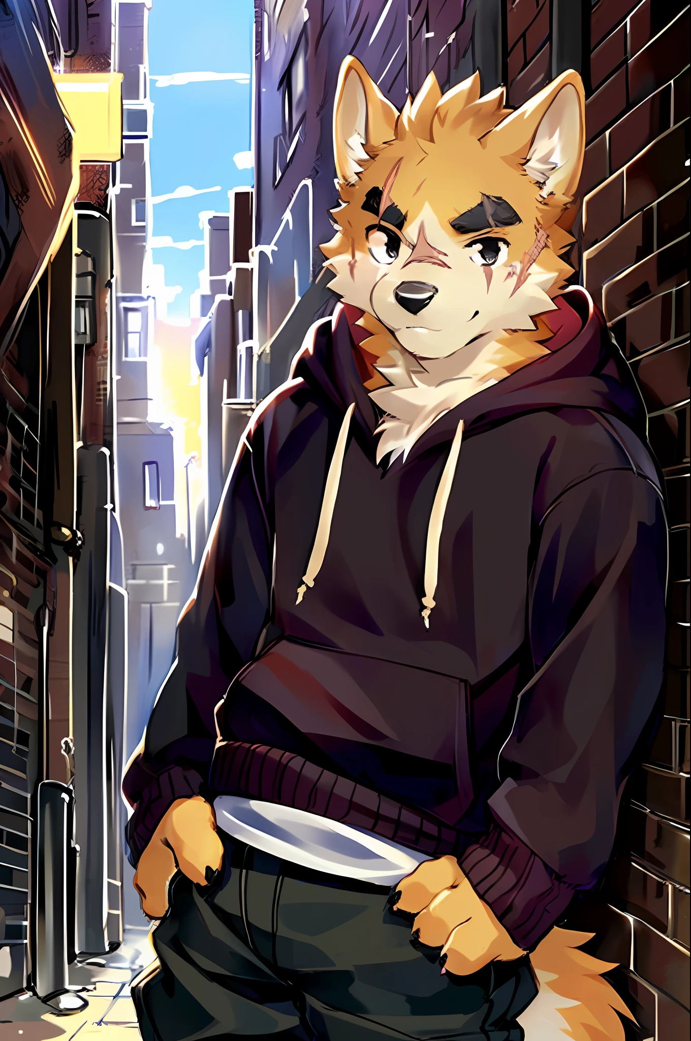 copperrtf, dog boy,
masterpiece, best quality, absurd res, by kiyosan, by null-ghost, 
furry, male, solo, hoodie, pants, black pupils, black eyes, thick eyebrows, two tone fur, scar on eye,
looking at viewer, detailed fur, fluffy, tail,
detailed background, alley,