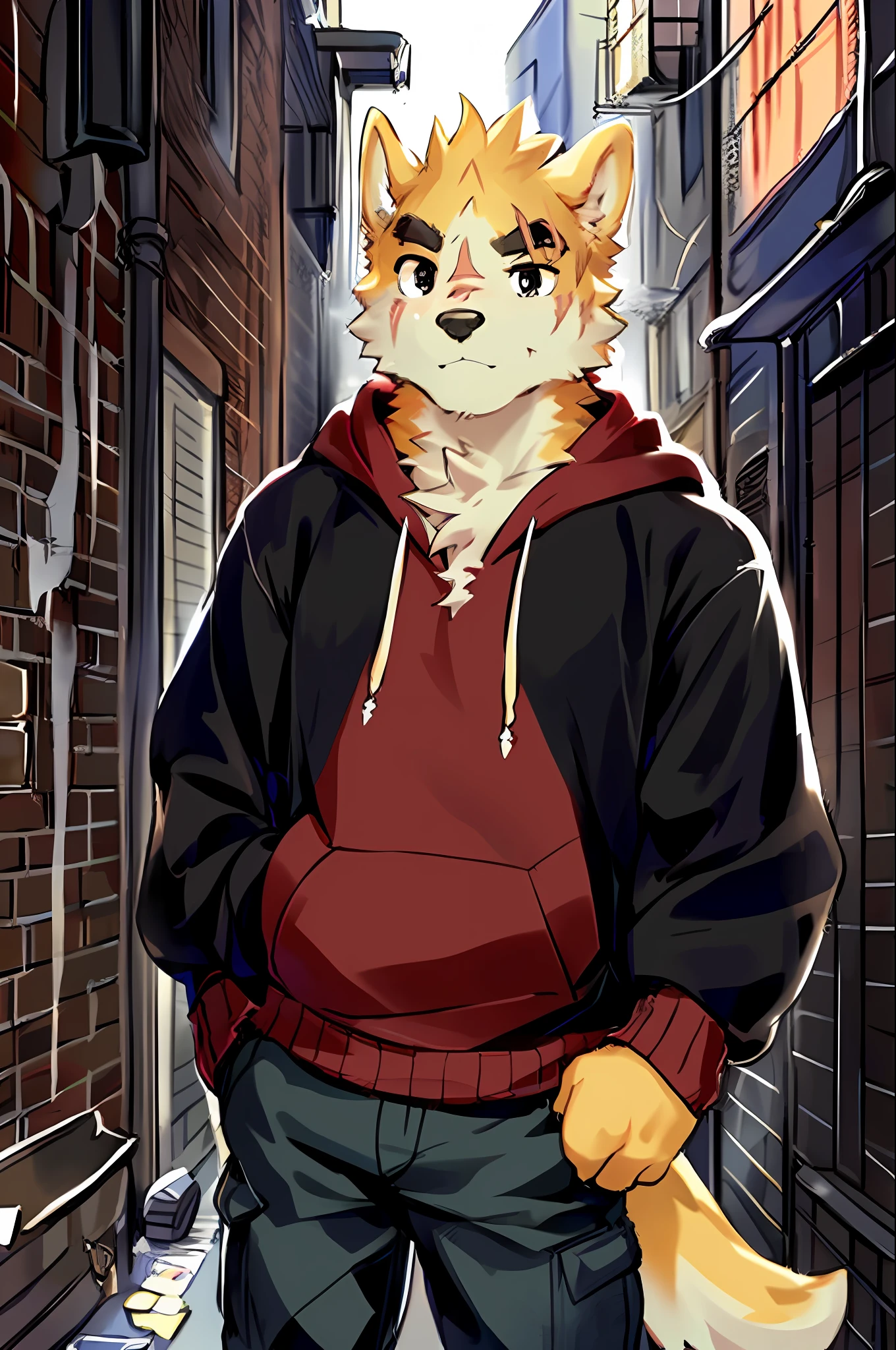 copperrtf, dog boy,
masterpiece, best quality, absurd res, by kiyosan, by null-ghost, 
furry, male, solo, hoodie, pants, black pupils, black eyes, thick eyebrows, two tone fur, scar on eye,
looking at viewer, detailed fur, fluffy, tail,
detailed background, alley,