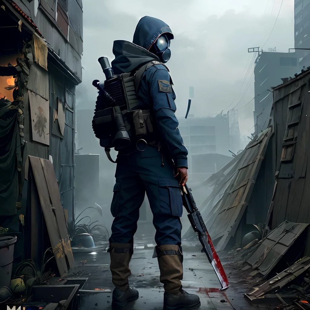 semi-realistic, bochen, guweiz, tmasterpiece, hight resolution, higly detailed, (Post-apoc, postapoc_character, postapoc_scenery), ((stands, holds a weapon in his hands, bloods, bloods, blood on overalls, stands, Stands confidently)), ruined_urban landscape, urban landscape, overgrown, A dark, cloudy, 1boy, (autumn, autumn, mud), Holds a weapon, M4A1 assault rifle, American rifle, hood, gas mask, M40 gas mask, gloves, (jumpsuit, Combat dark blue jumpsuit), mercenary, (stripe, Shoulder patch with a blue eagle on a dark background, gold edging)