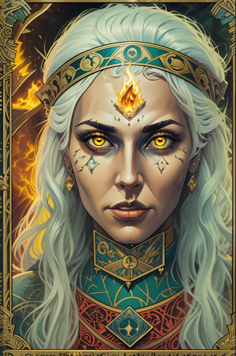 (medieval surreal tarot card style), (carved art face with unique details), dark age witch, white hair, yellow eyes, dark look, extremely attractive face, super detailed, rich in detail, vivid colors, ( 5D elements), composite art, dramatic colors, (tarot ...