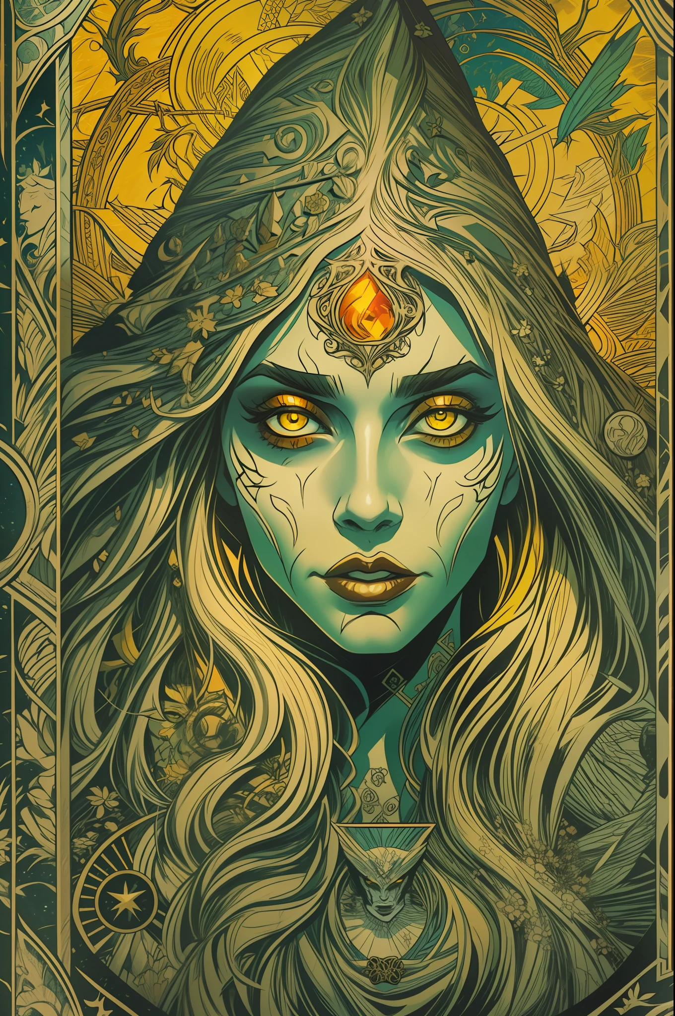 (medieval surreal tarot card style), (carved art face with unique details), dark age witch, white hair, yellow eyes, dark look, extremely attractive face, super detailed, rich in detail, vivid colors, ( 5D elements), composite art, dramatic colors, (tarot card style), (top not framed), mystical elements, fire, earth, water, air, (5D effects), (surealistic)