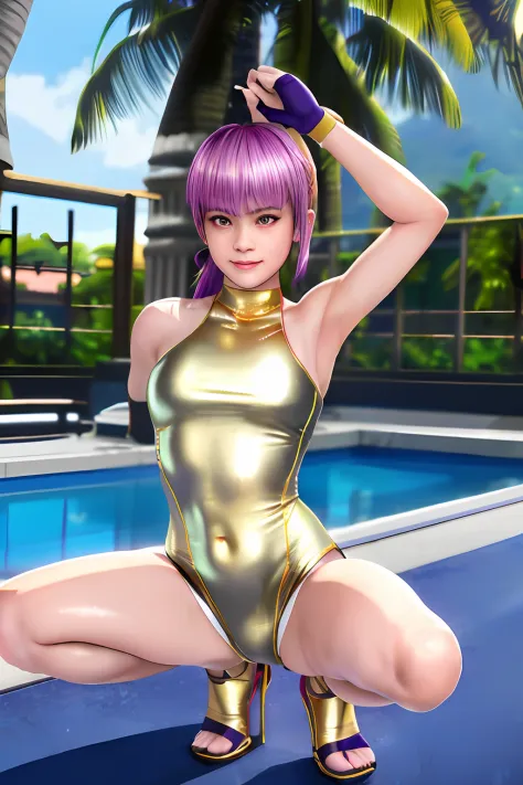 Top image quality、top-quality、8K picture quality、1girll、full body Esbian、ayane、A smile、embarrassed from、red blush、Beautiful fece、Bright purple hair、(Gold Metallic:1.4)、(Sleeveless)、(High neck competitive swimsuit)、(highleg)、(Crotch penetration)、(pin heels)...