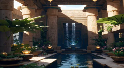 incredible luxurious futuristic interior in Ancient Egyptian style with many (((lush plants))), ((beautiful flowers)), (lotus fl...