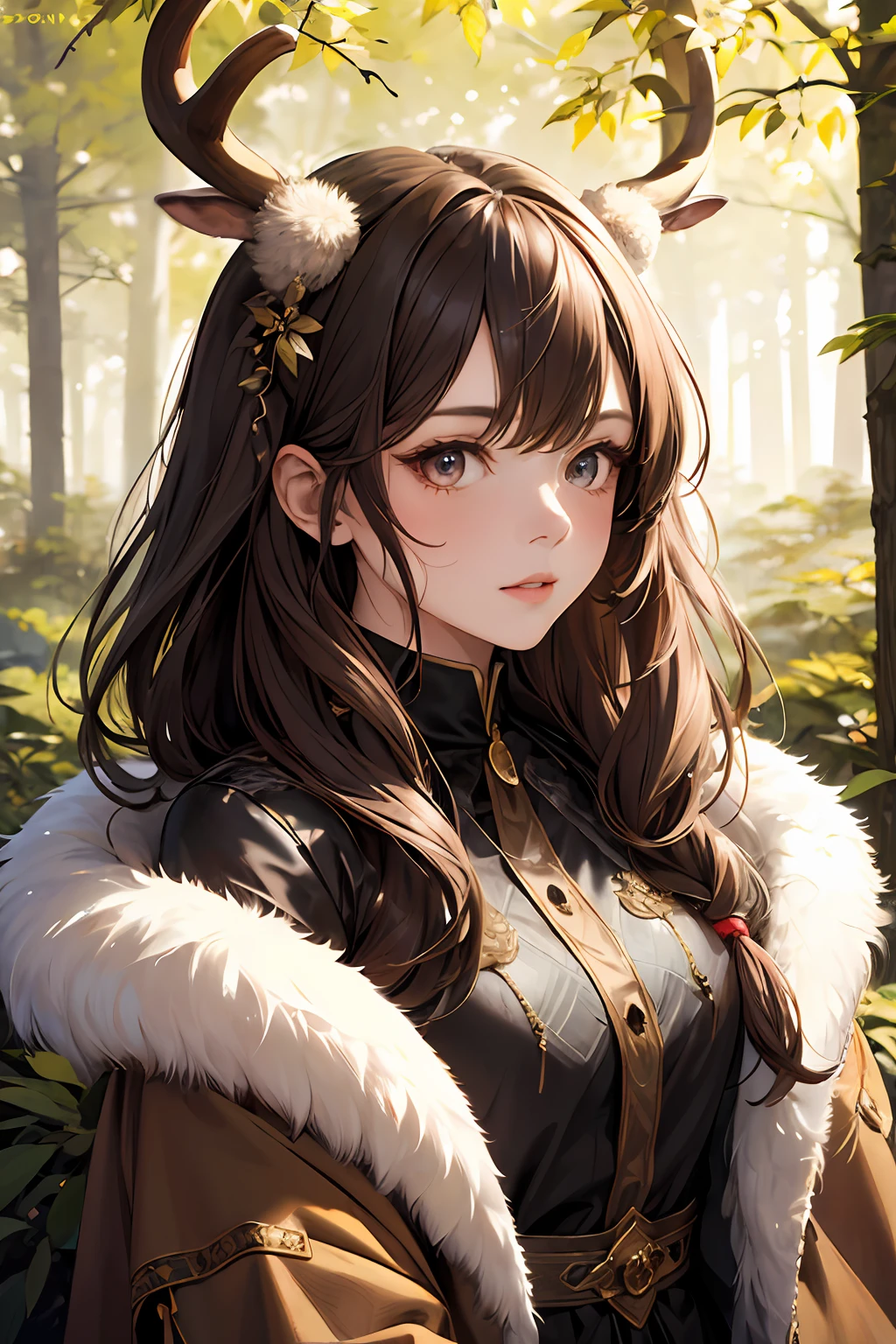 (Master piece, Best Quality),1girl,deer girl,fur coat,deer antlers, beautiful and detailed face, detailed eyes, in a forest