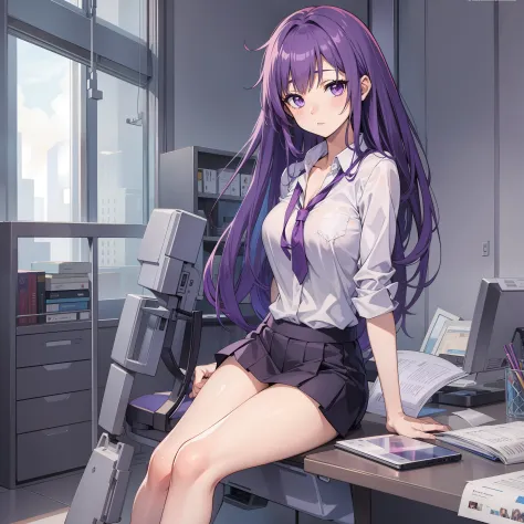 Anime girl, purple hair, office clothes, sexy, full body