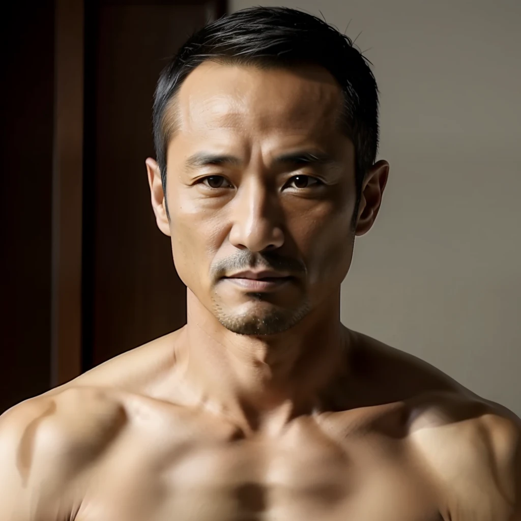 45歳，Hidetoshi Nakata，（デモムローニ1.3），上半身裸，トン，膨らみ，薄い，筋肉，ひげ，不屈の精神，側面