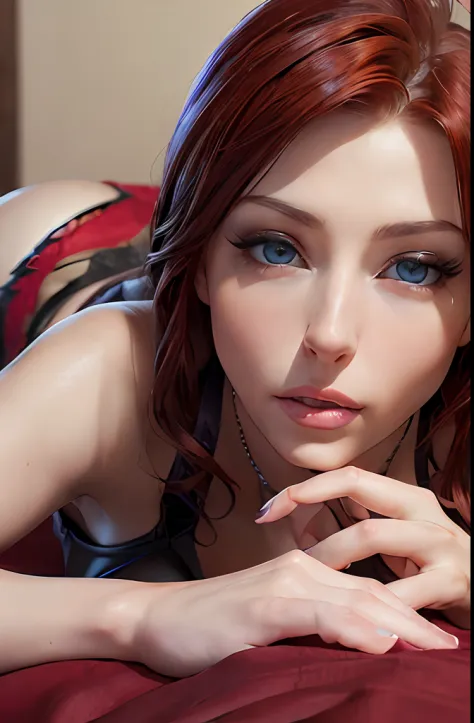 high quality fingers, normal hands, detailed fingers,masterpiece, (realistic, photo-realistic:1.37), (22 years old woman), katarina from league of legends, medium breast, small waist, dark red hair, blue eyes, beautiful face, perfect illumination, beautifu...