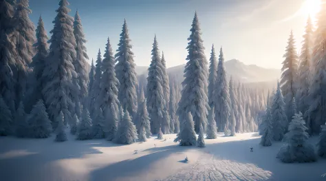Masterpiece, best quality, high quality, extremely detailed CG unity 8k wallpaper, vast and quiet coniferous forest stretching to the horizon, lush green trees harmoniously gathered together, fresh breeze whispering through the leaves, frozen ground Topped...