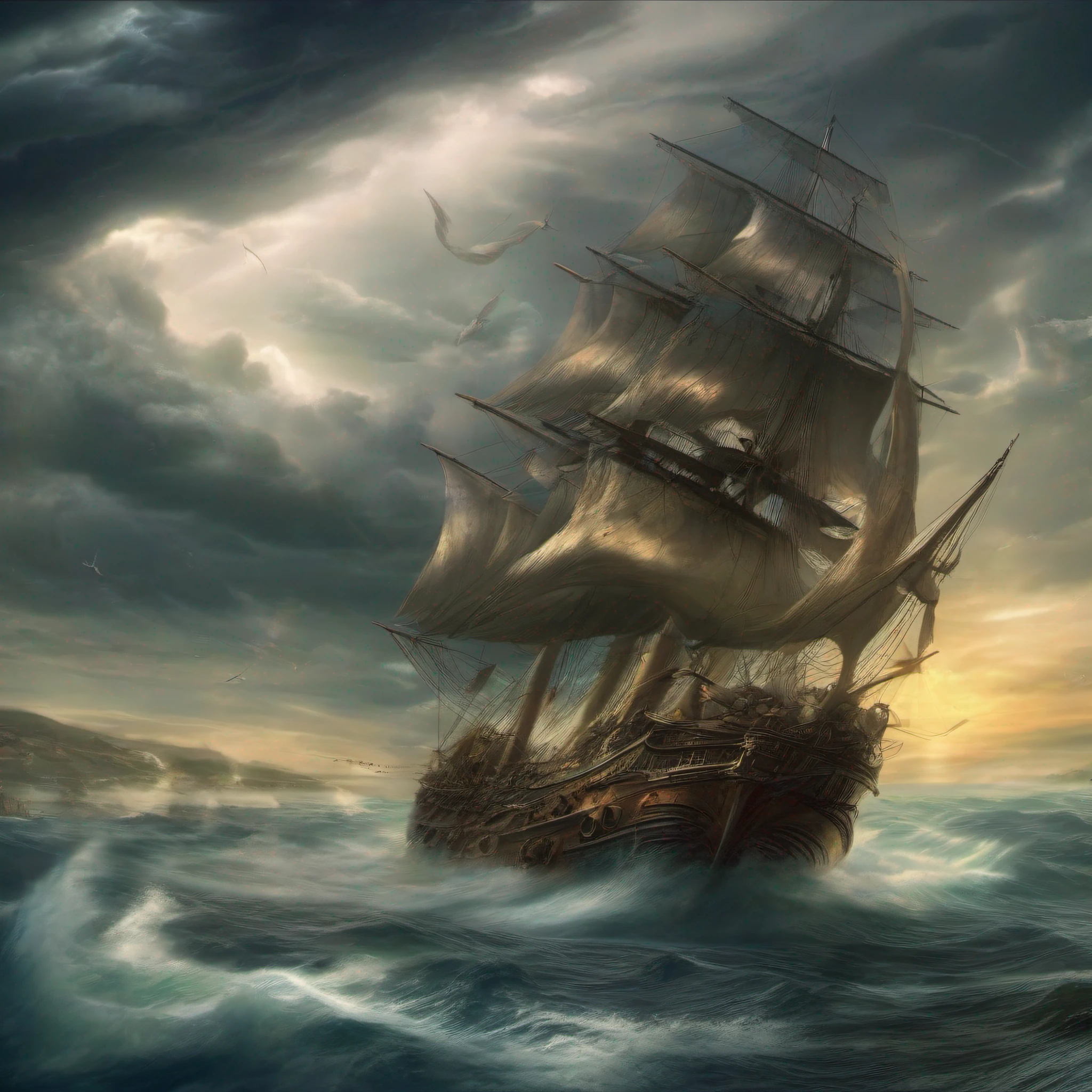 A painting of a ship sailing in the ocean with a sky background - SeaArt AI