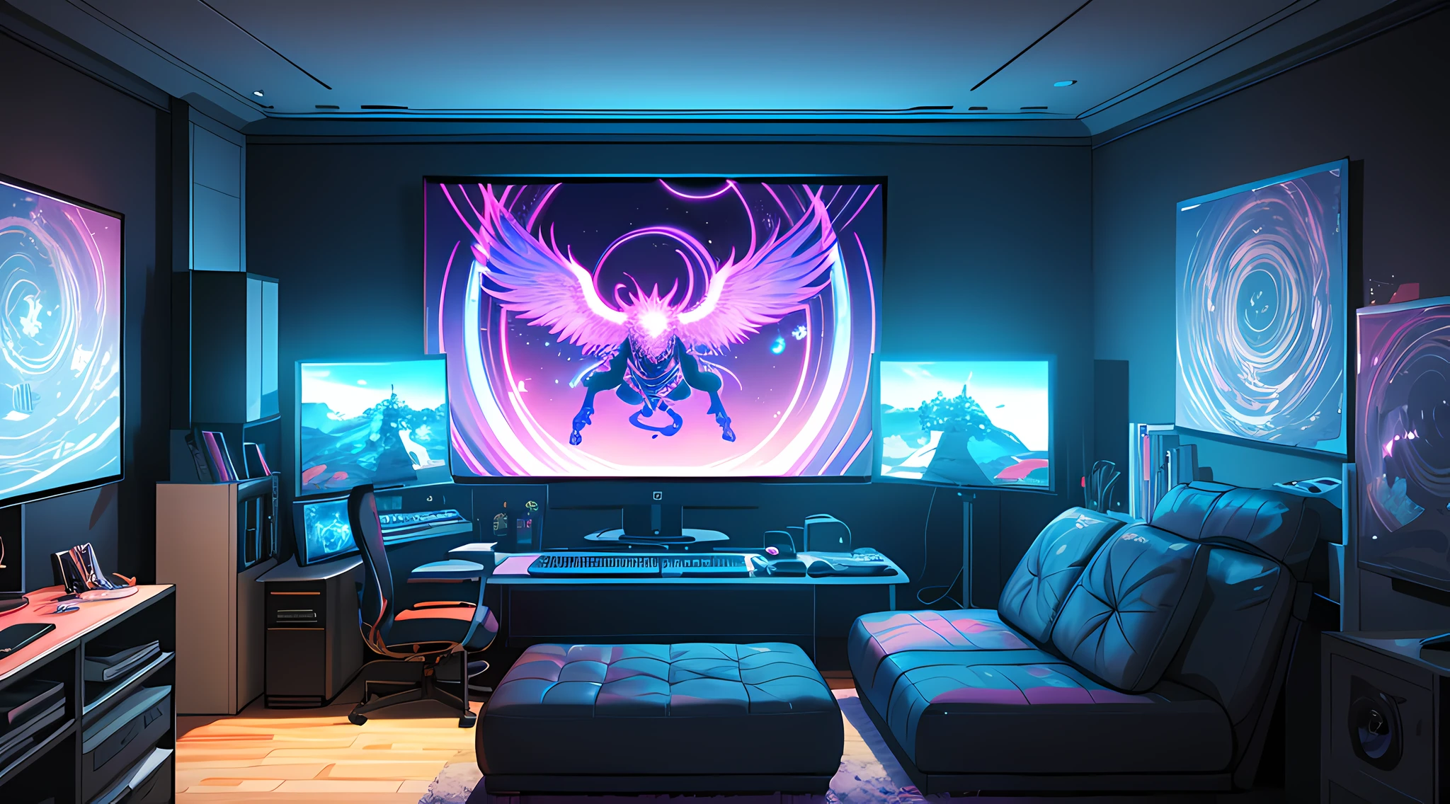 (masterpiece), (best illustration),(no humans), anime background, gaming bedroom, television with large computer, ring lighting , rim lighting,(extremely detailed CG unity 8k wallpaper),(masterpiece), (best quality), (vaporwave style), (ultra-detailed), (best illustration),(best shadow),perfect lighting , perfect anatomy , vivid colors,