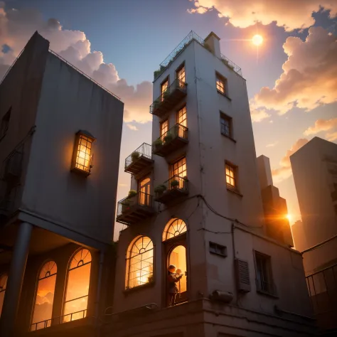 uma Casa de 2 andares com um letreiro na frente, A city with tall buildings behind it, with a child in front, estilo steampunk, ...