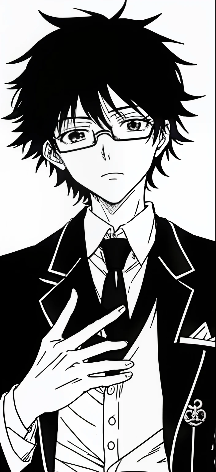 Anime boy in glasses and tie looking at something, kentaro miura manga art style, manga style of kentaro miura, kentaro miura manga style, inspirado em Okumura Masanobu, inspired by Okumura Togyu, Tsutomu Nihei style, mix styles of tsutomu nihei, miura kentaro style