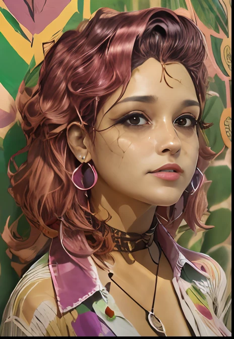 "Mulher madura deslumbrante com um rosto perfeito, flawless skin and an amazing hippie look. Ela tem cabelo rosa curto, cut sideways and wears a pair of gorgeous earrings made of padded paper art and is wearing baggy hippie clothes, coloridas e muito bonitas."