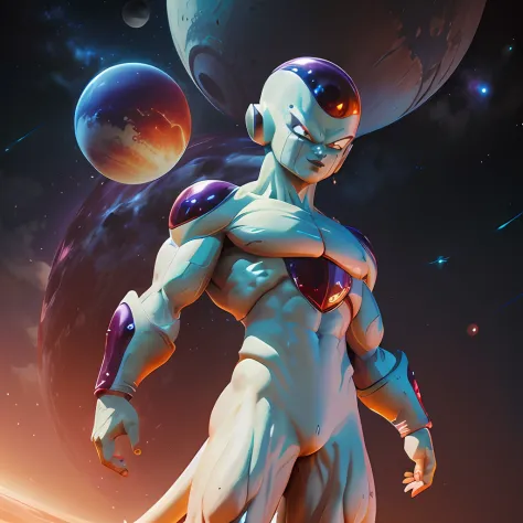 Frieza，Dragon Ball characters，high qulity，tmasterpiece，Cosmic planetary background，Multiple planets，starrysky，high light