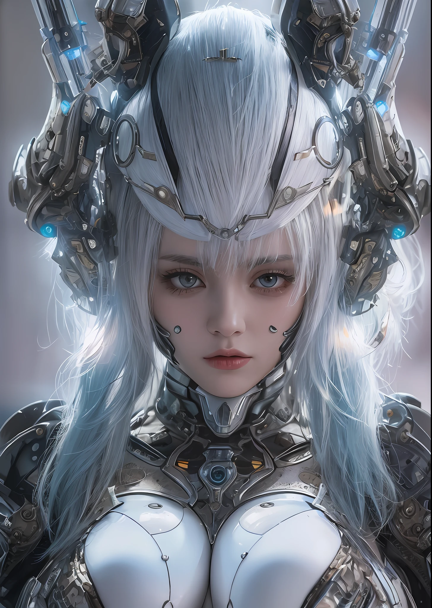 top-quality、​masterpiece、超A high resolution、(Photorealsitic:1.4)、Raw photo、Battle Cyborg Angel、large wings made of metal、White porcelain body、Acrylic Clear Cover、white  hair、glowy skin、1 Cyborg Girl、((super realistic details))、portlate、globalillumination、Shadow、octan render、8K、ultrasharp、character edge light,Colossal 、Raw skin is exposed in cleavage、Details of complex ornaments、Gothloli details、Hydraulic cylinder、Small LED lamp、highly intricate detail、Realistic light、a purple eye、radiant eyes、Facing the camera、neon details、cowboy  shot、Futuristic headgear、About Cyberpunk、、