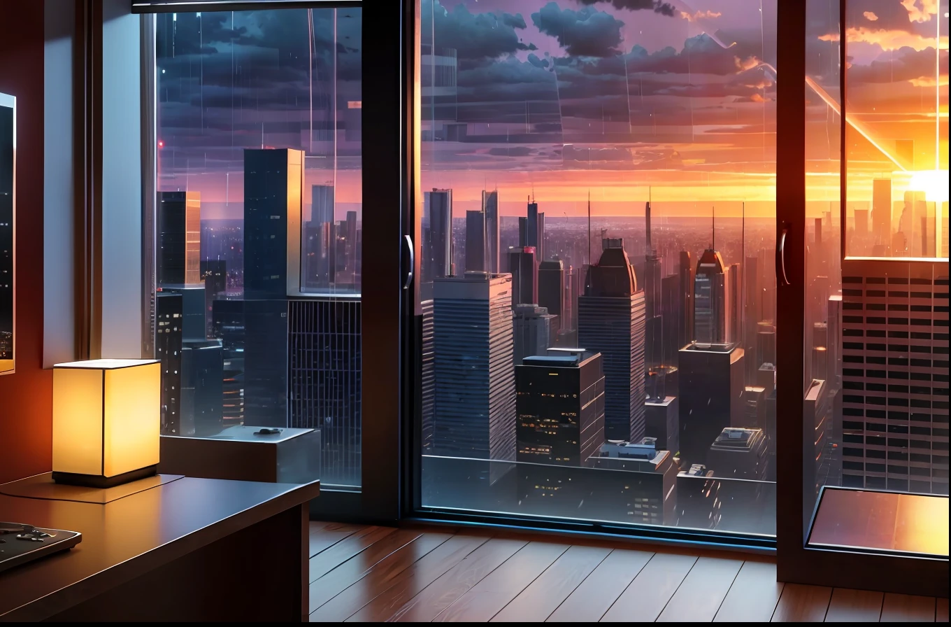 gamer room, window to the city at sunset, rainy weather, ultra-realistic 4K definition, enhanced lights