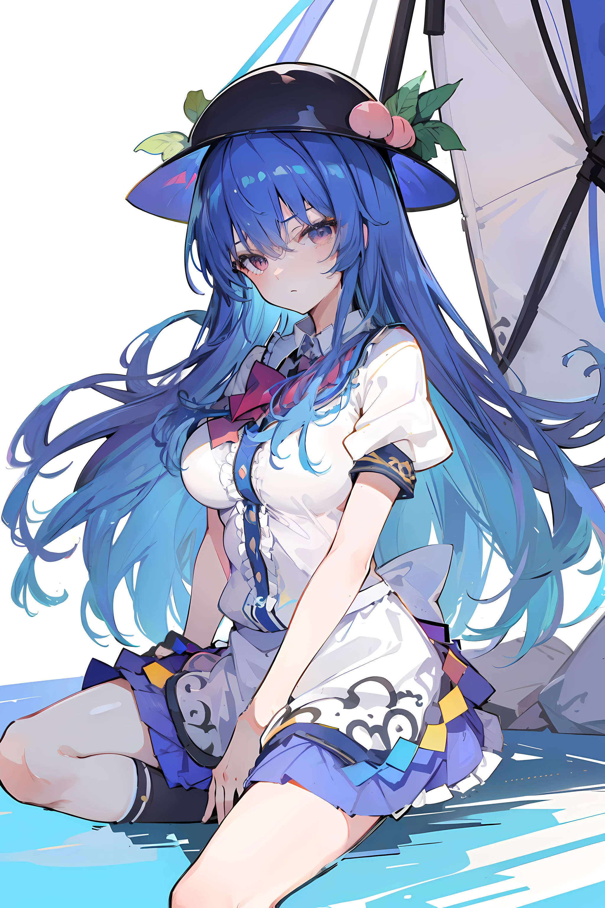 (masterpiece),best quality, expressive eyes, perfect face,w sitting, w sitting on ground, legs on ground, 1girl,
big breast, H-cup, good breast, crossing arms, beautiful, gorgeous,anime,girl,lora,hinanawi tenshi, blue hair, blue haired,tent boobs, tent chest, tent breast, floating clothes