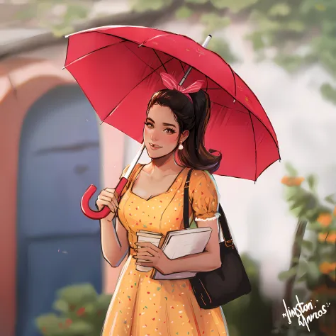 there's a woman holding an umbrella and a book, fanart, pintura digital dos desenhos animados, in illustration style digital,