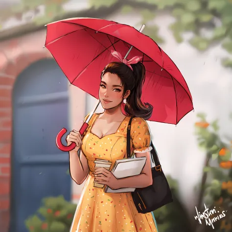 There's a woman holding an umbrella and a book, Fanart, pintura digital dos desenhos animados, in illustration style digital,