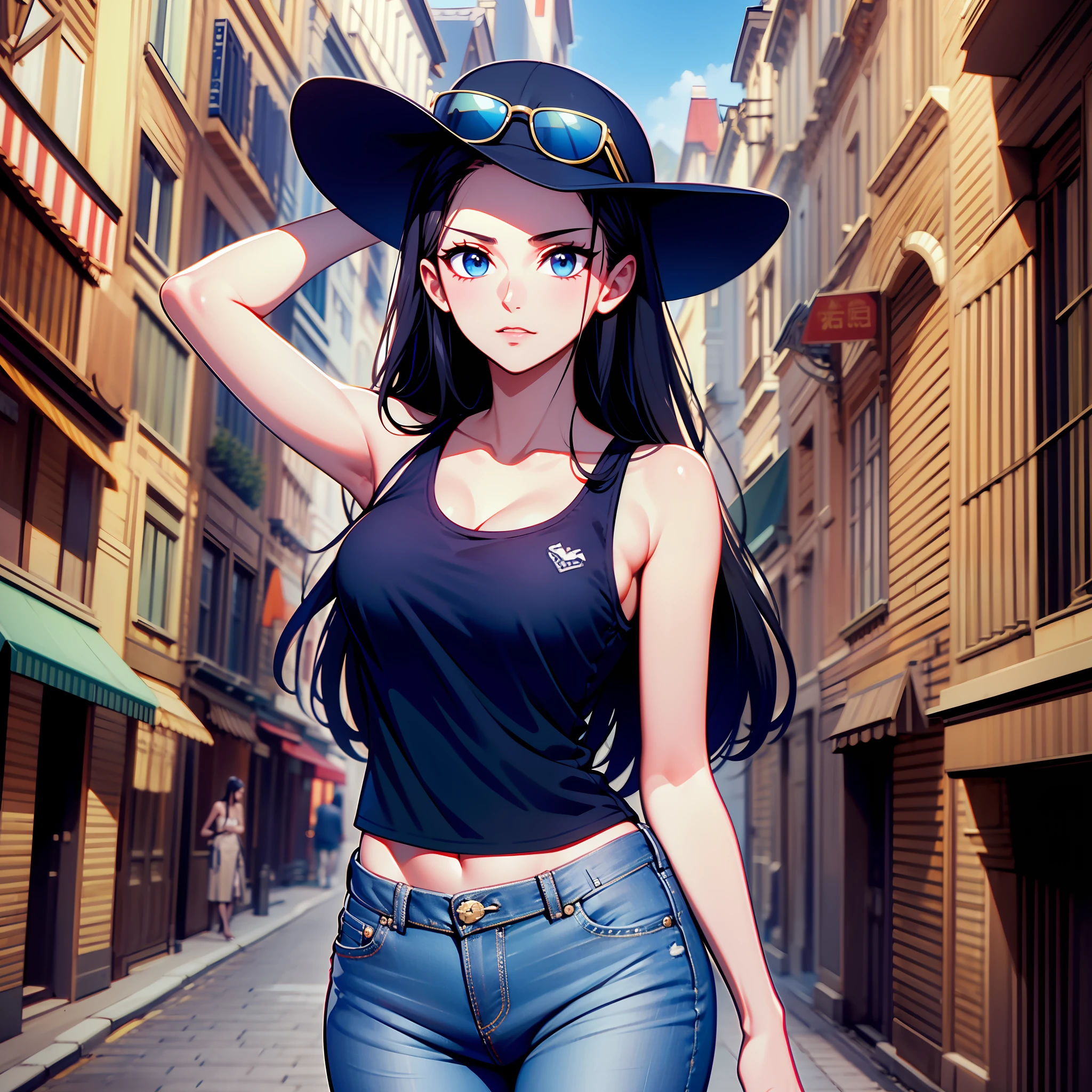 top-quality,​masterpiece,Masterpiece,8K,high-level image quality,High pixel count,detail portrayal,One woman,1girl,solo,Black hair,Long,straight haired,Dark blue eyes,High nasal muscles,I can see my forehead.,180 cm height,Slender body line,thin hip,,cowboy  shot,Standing figure,Medieval cityscape,Navy blue tank top T-shirt,jeans,Wear sunglasses on your head,full bodyesbian,Walking,Bullish look