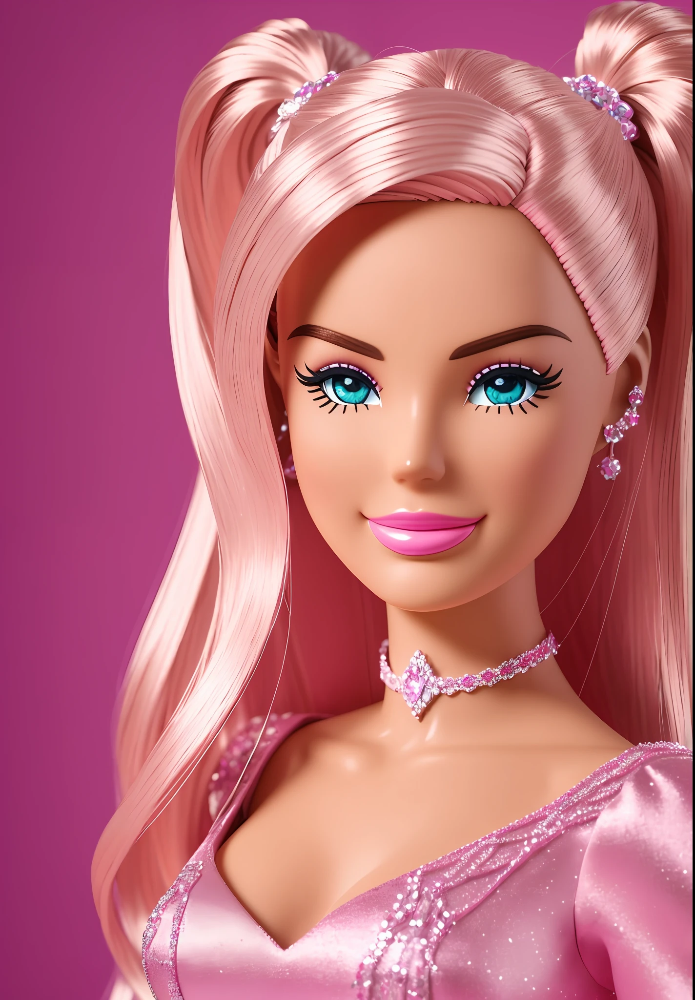 Boneca barbie com cabelo rosa e olhos azuis usando um vestido rosa - SeaArt  AI