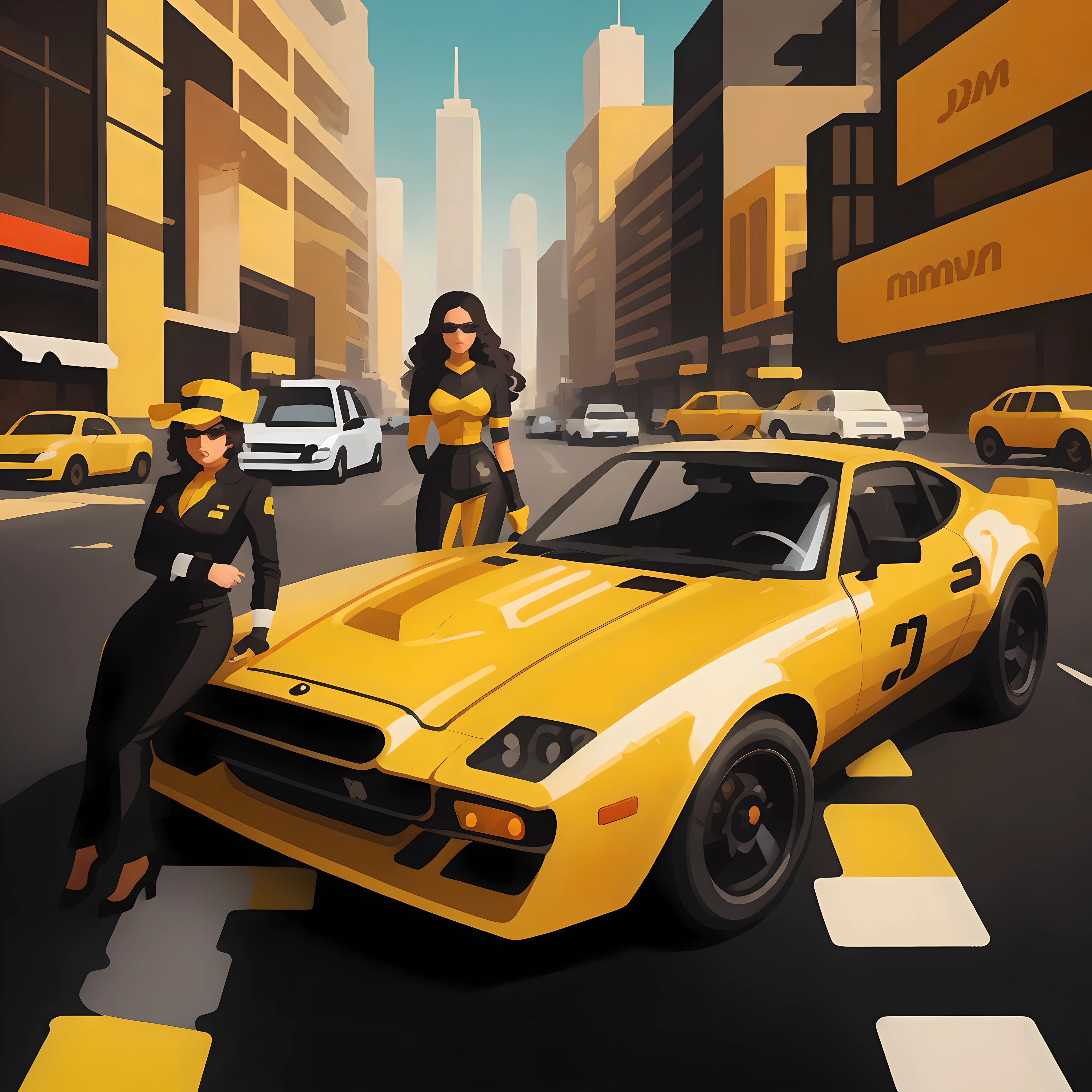 there is a woman driving a yellow race car on a city street, inspired by Kilian Eng, inspired by Jim Steranko, in style of syd mead, inspired by Syd Mead, the style of syd mead, dan mcpharlin : : ornate, dan mcpharlin, syd mead and mark brooks, syd mead style, syd mead cinematic painting, martin ansin