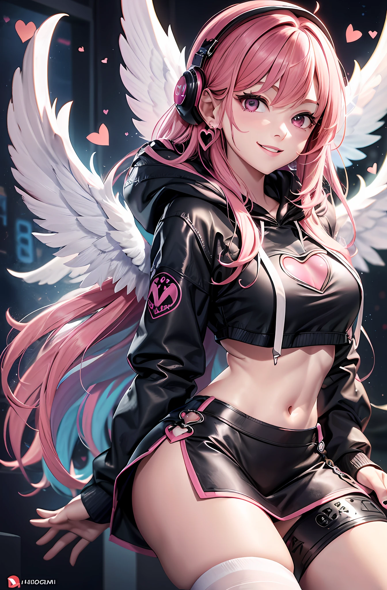 Pink hair. Long hair. Miniskirt. Parka. Earring. Angel wings. Heart-shaped vacant chest. Heart logo. A big smile. Inside the game center. White wings. Navel. Futomo. Navel out. Put on the hoodie hood.