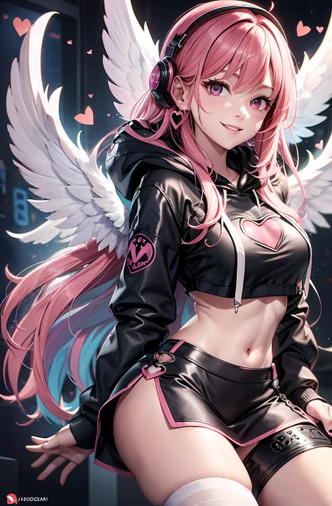 Pink hair. Long hair. Miniskirt. Parka. Earring. Angel wings. Heart-shaped vacant chest. Heart logo. A big smile. Inside the gam...