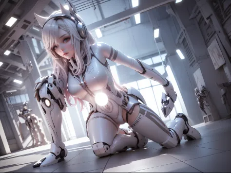 Female silver-white mech sculpture，Kneeling pose，The mech is rich in detail，Mechanical skin texture，