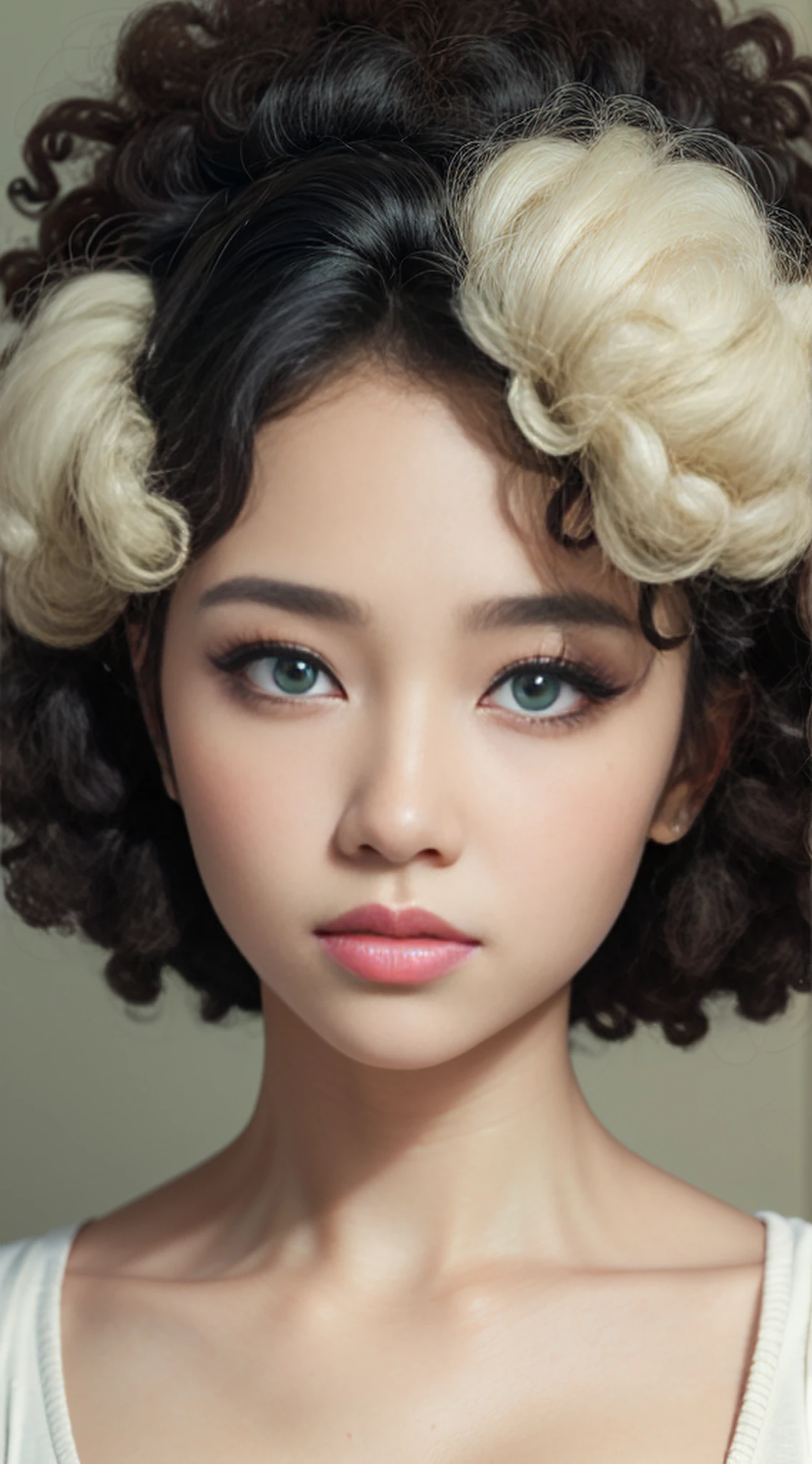 Girl Highly Detailed Face and Skin Texture, ((white skin)) big green eyes, slim face, juicy lips, bimbo lips, big puffy breast, ((afro curly Black hair)), pale skin, Detailed Eyes, Double Eyelids,
